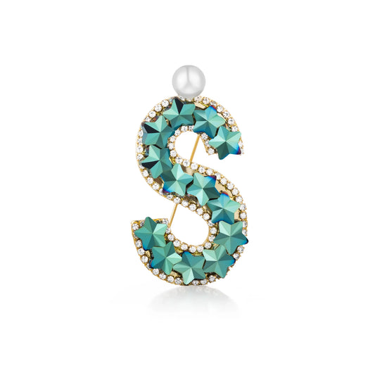 Crystal Initial Letter Brooch with Pearl Accent- S/J/L/M