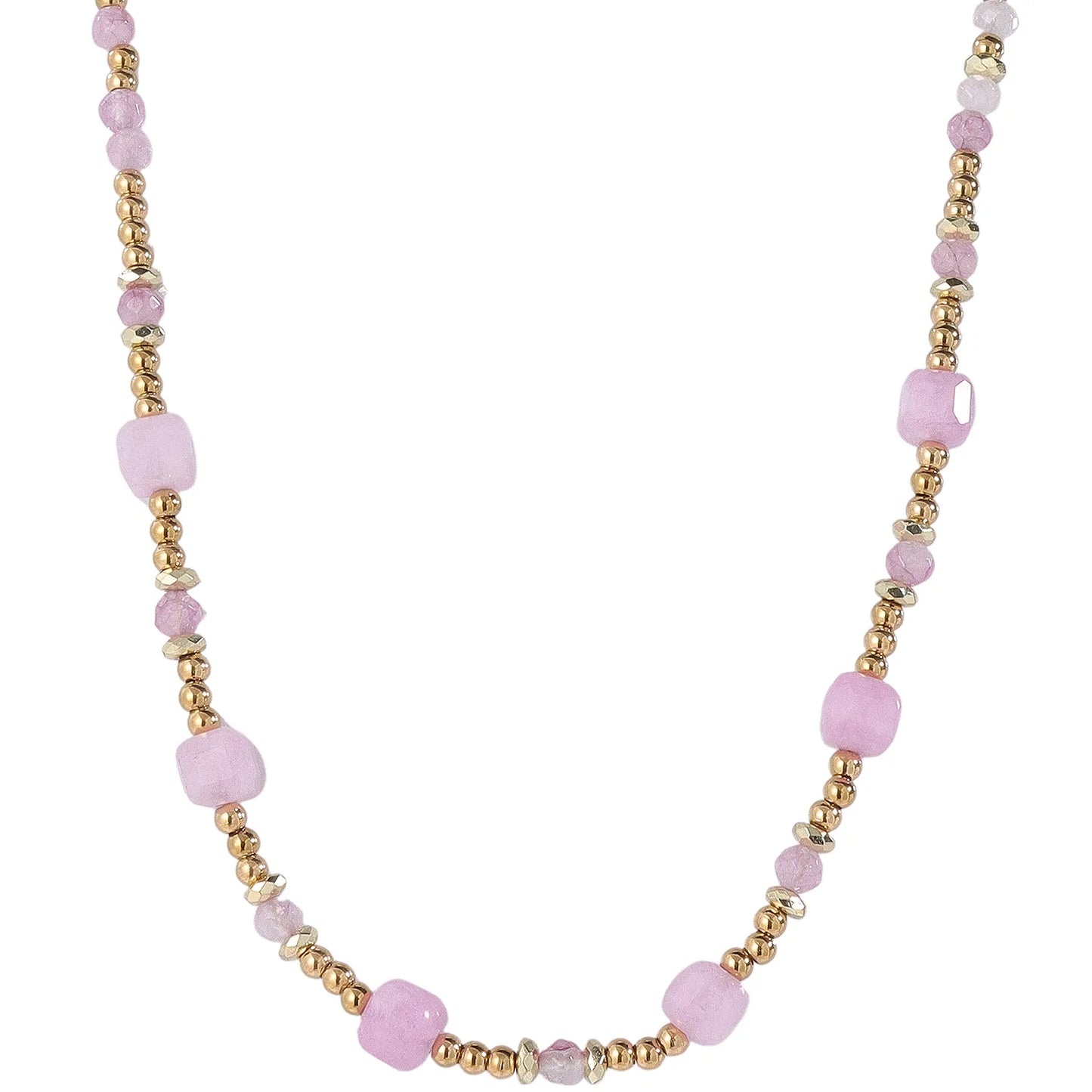 Romantic Soft‑Feminine Rose‑Quartz and Gold‑Bead Necklace, Hypoallergenic 304 Stainless‑Steel 18K Gold PVD Layering Necklace for Women