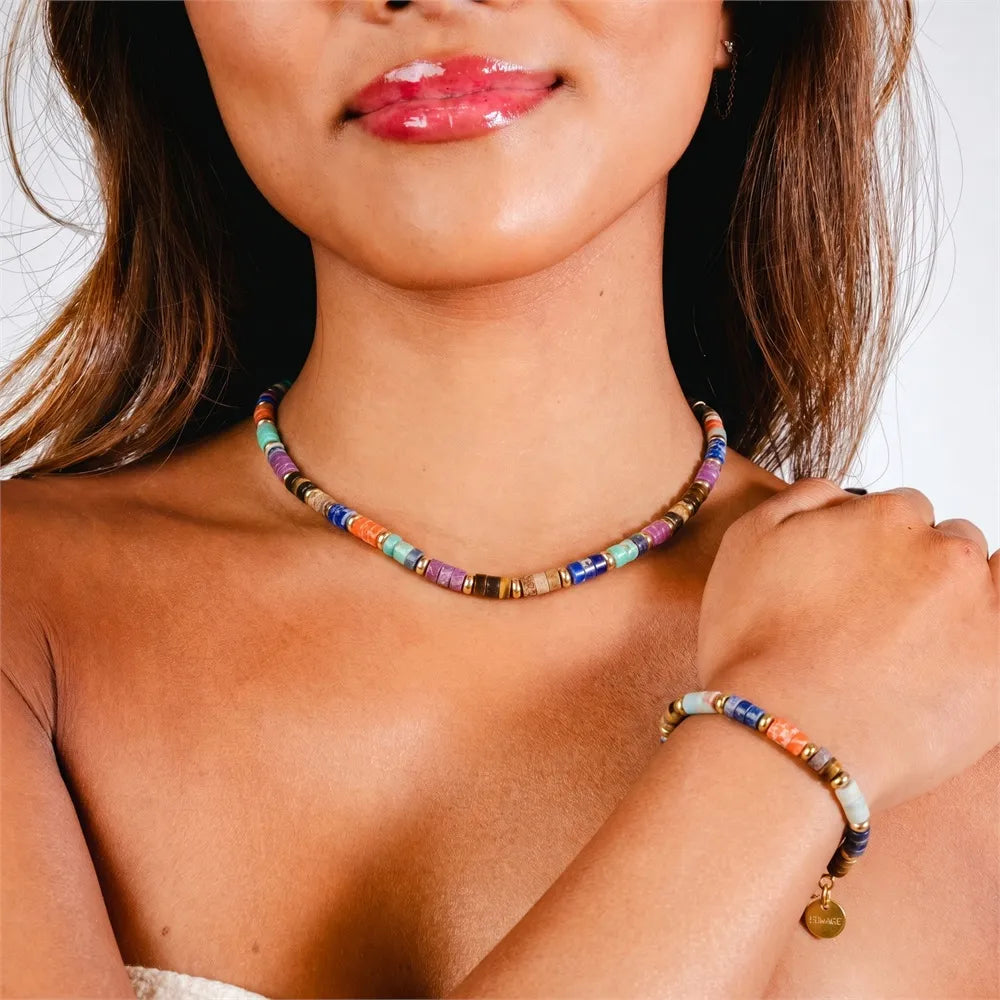 Geometric Natural Stone Necklace – Gold-Tone Steel