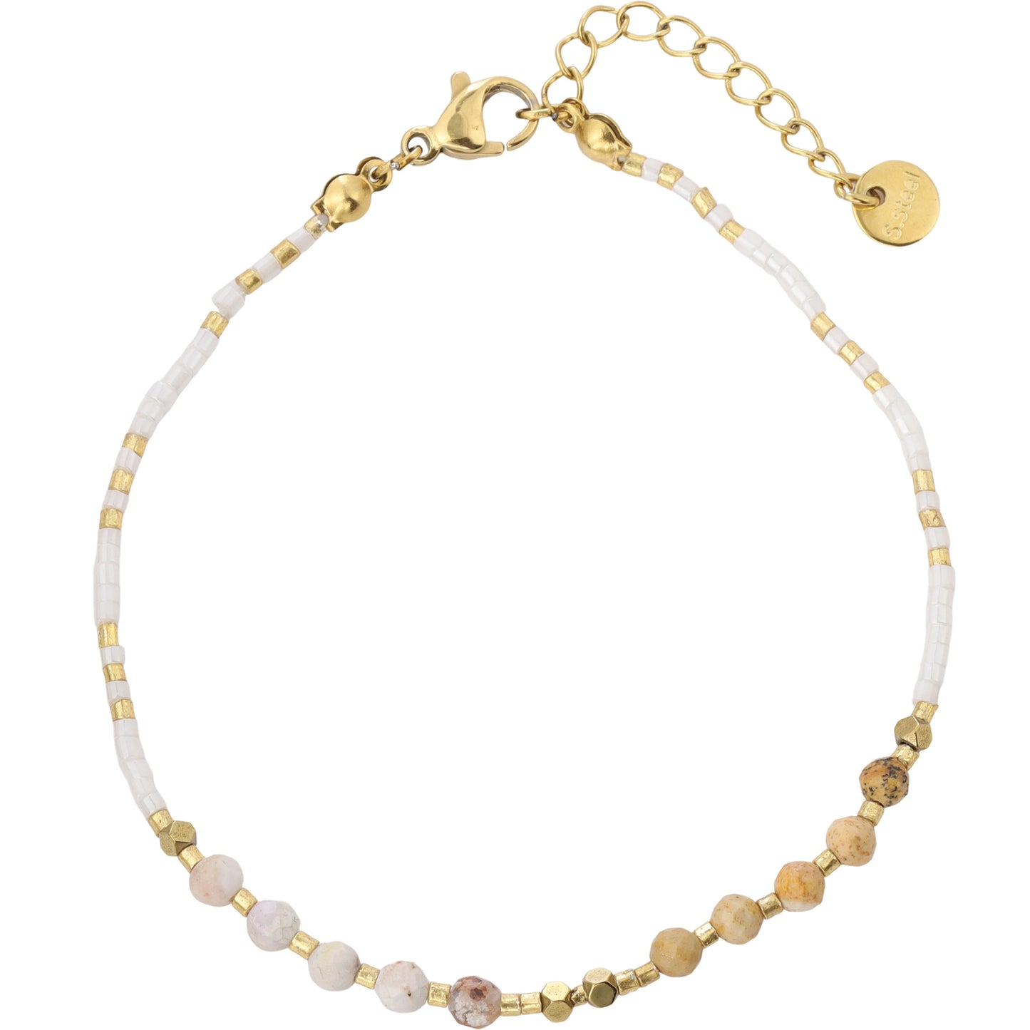 Soft Warm‑Earthy Cream‑White Seed‑Bead & Picture Jasper Bracelet, Hypoallergenic 304 Stainless‑Steel 18K Gold PVD Stackable Bracelet for Women