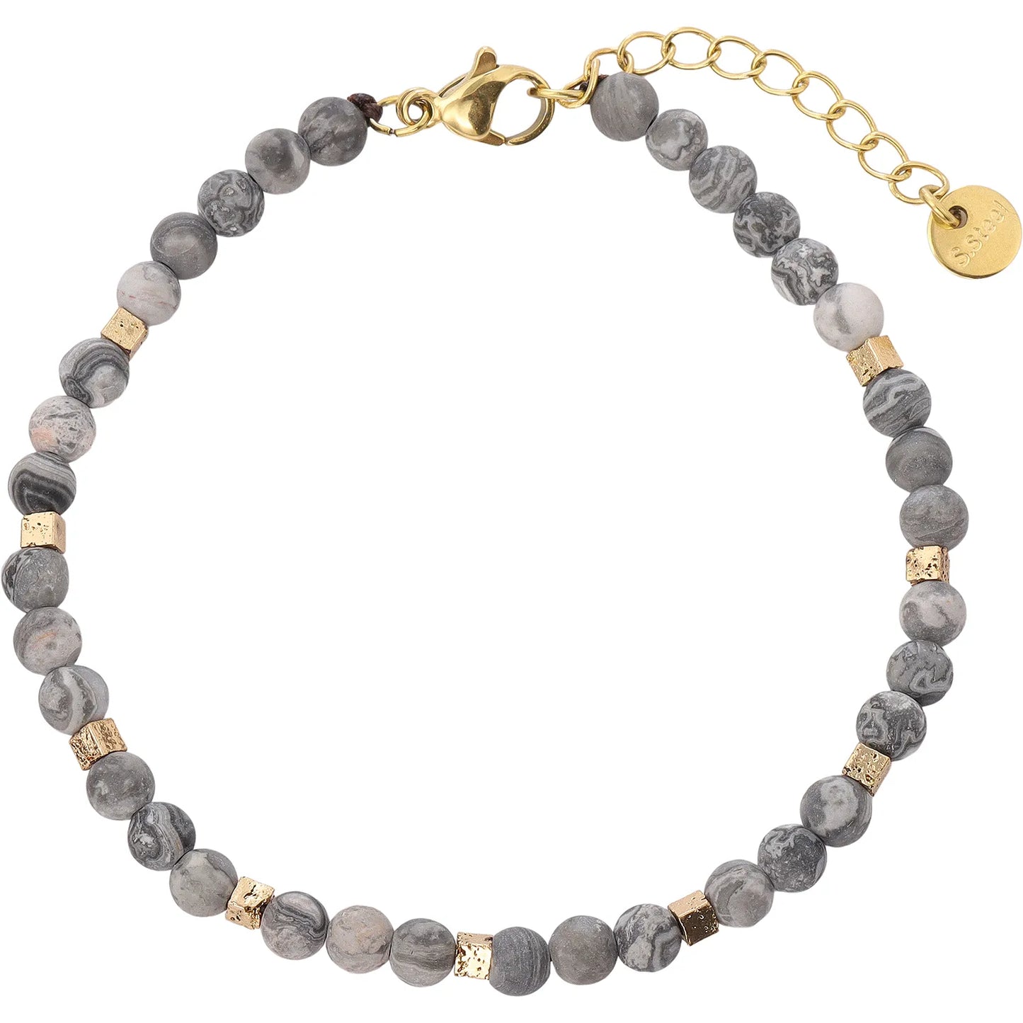 Contemporary Moody‑Tone Grey Map Jasper Bracelet, Hypoallergenic 304 Stainless‑Steel 18K Gold PVD Stackable Neutral Bracelet for Women