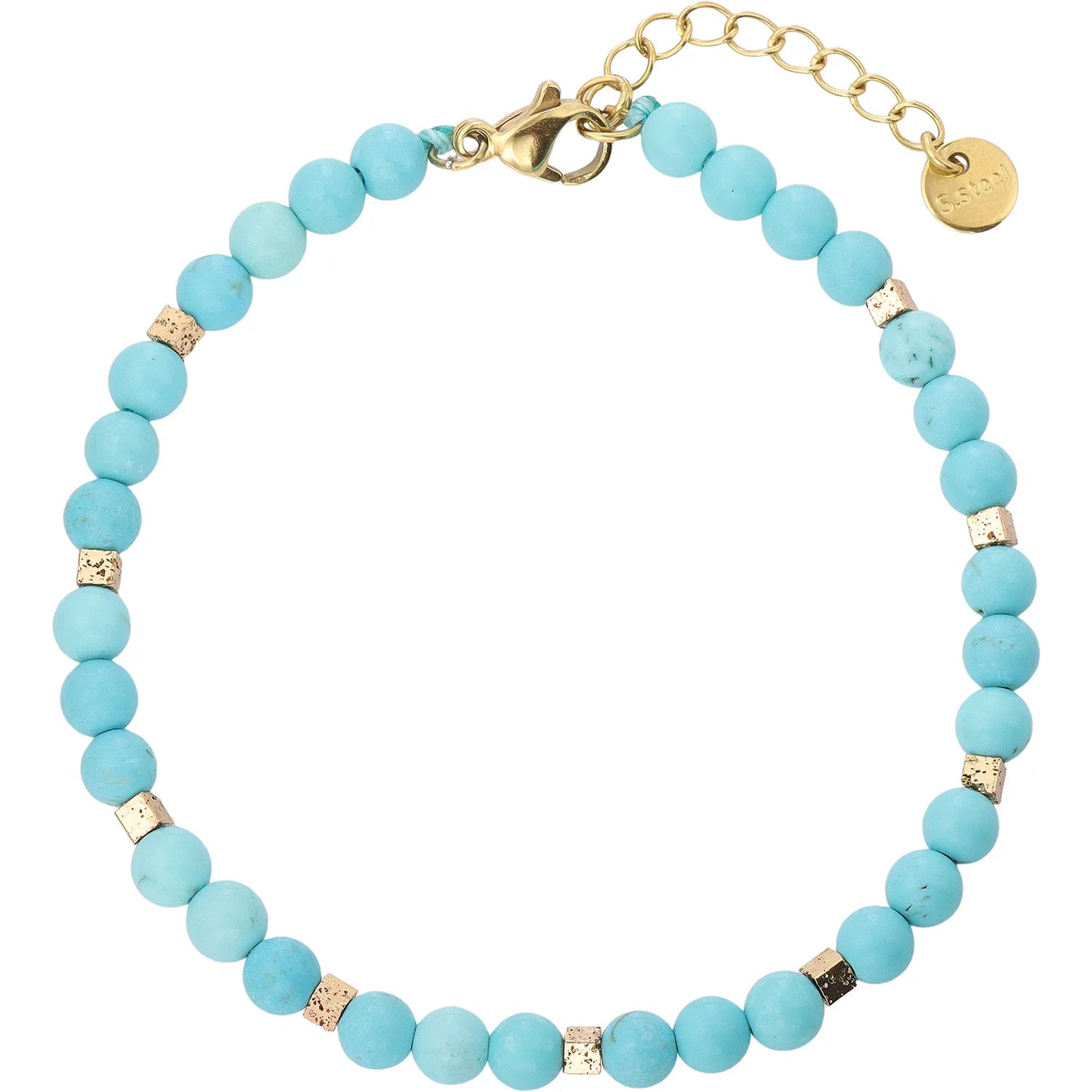 Boho‑Chic Matte Turquoise Round Beaded Bracelet, Hypoallergenic 304 Stainless‑Steel 18K Gold PVD Plated Stackable Bracelet for Women