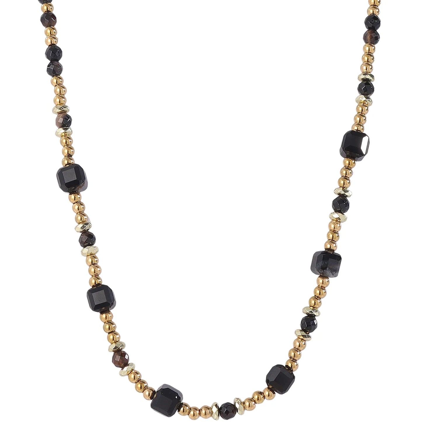 Sleek Modern‑Minimalist Smoky‑Quartz and Gold‑Bead Necklace, Hypoallergenic 304 Stainless‑Steel 18K Gold PVD Layering Necklace for Women