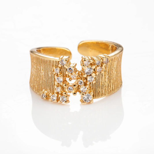 Crystal Cluster gold-plated brass open ring on white background