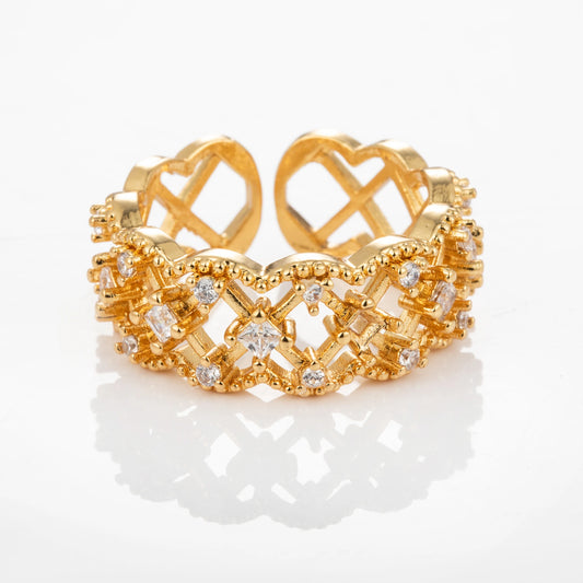 Gold Lattice gold-plated brass open ring on white background