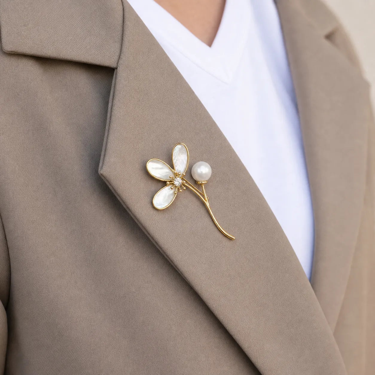Mother-of-Pearl Dragonfly Brooch with Pearl Accent