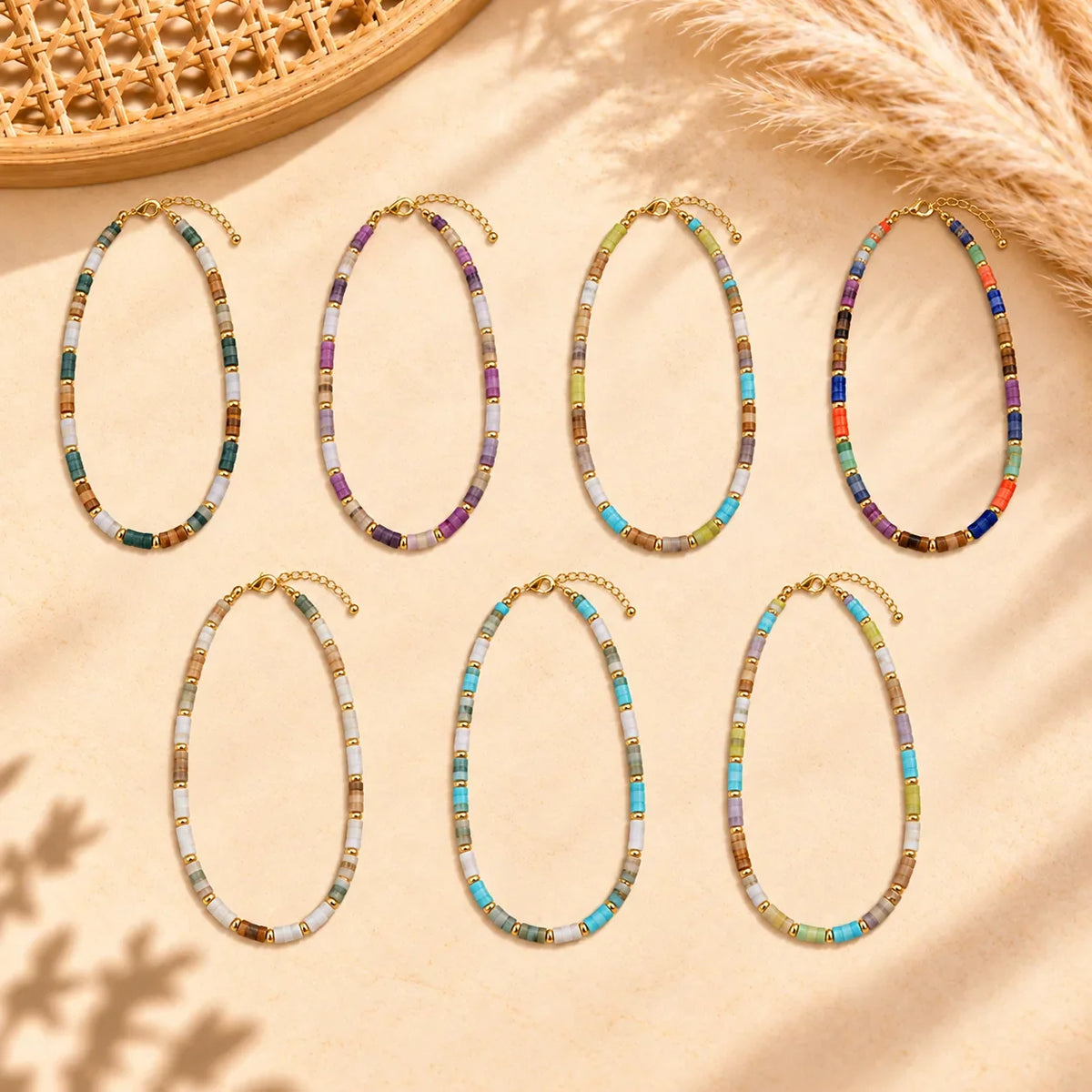 18K Gold PVD Steel Colorful Heishi Bead Necklace | 7 Styles