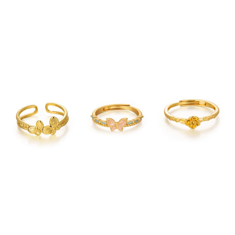18K Gold-Plated Brass Heart & Flower Open Rings | 3 Styles