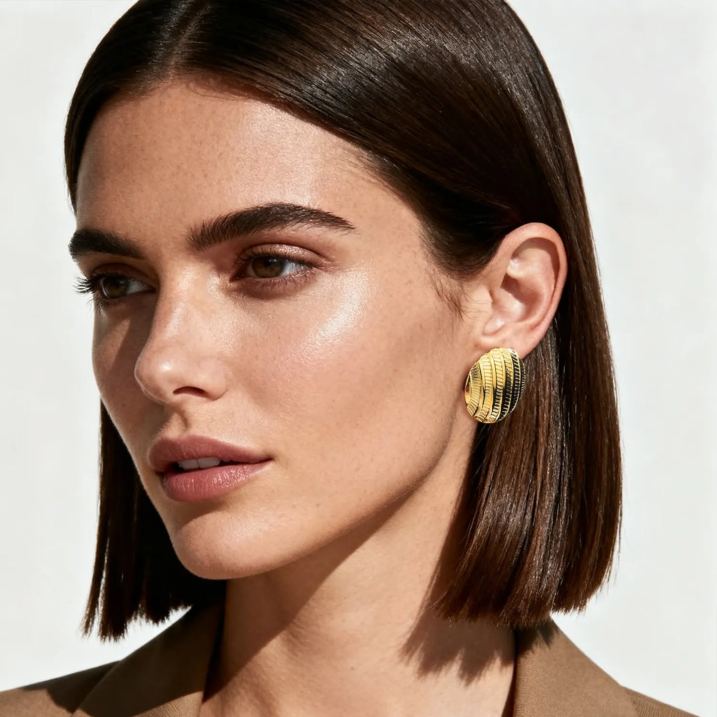 Textured Round Statement Stud Earrings- Gold Tone