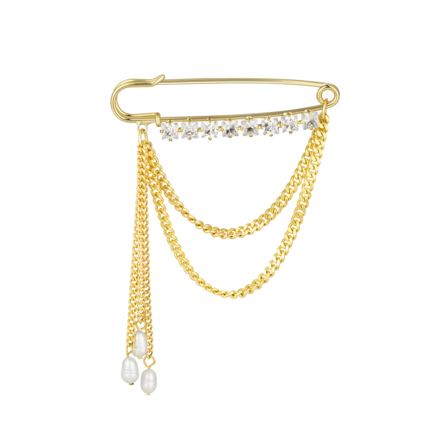 Draped Chain Safety Pin Brooch with Pearl Drops