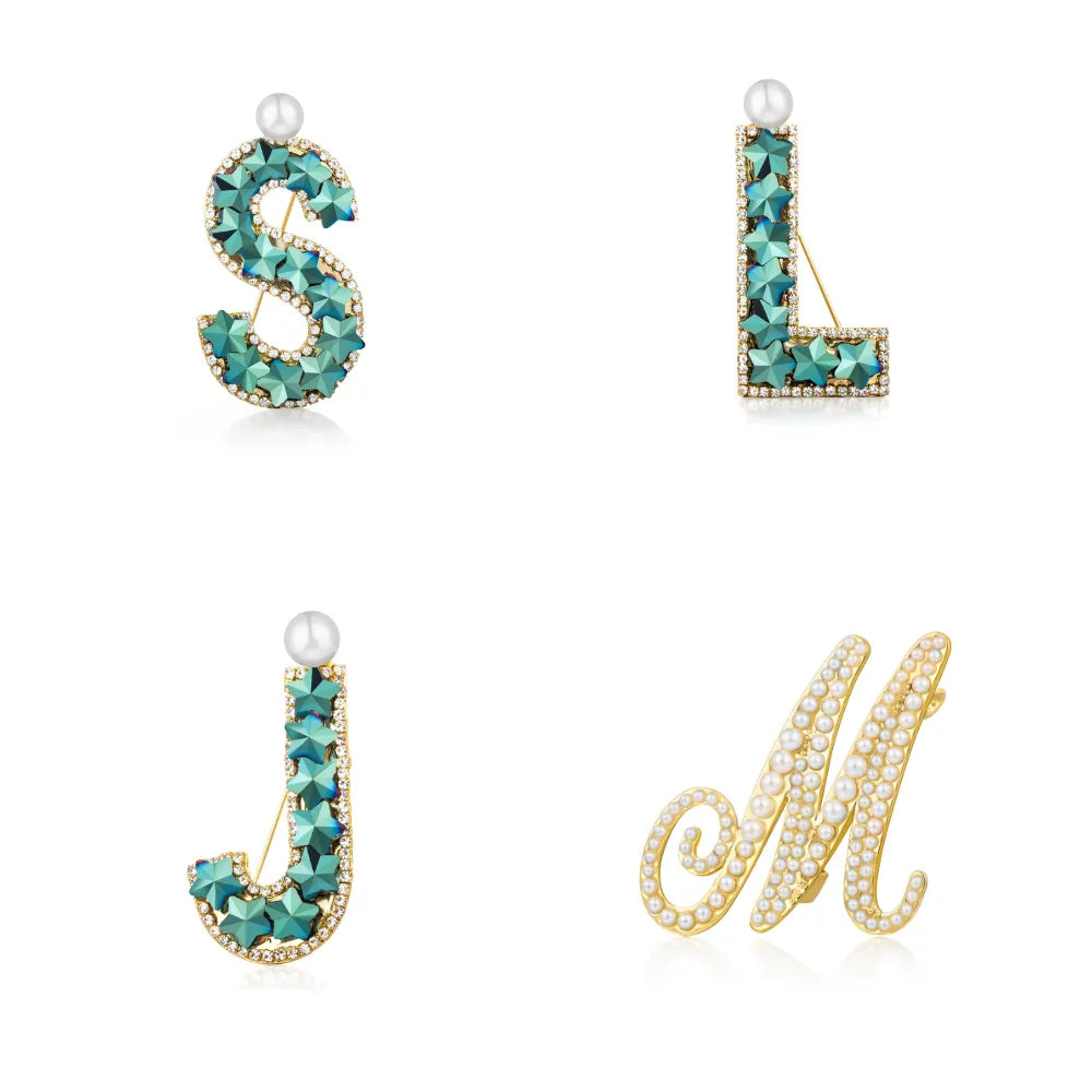 Crystal Initial Letter Brooch with Pearl Accent- S/J/L/M