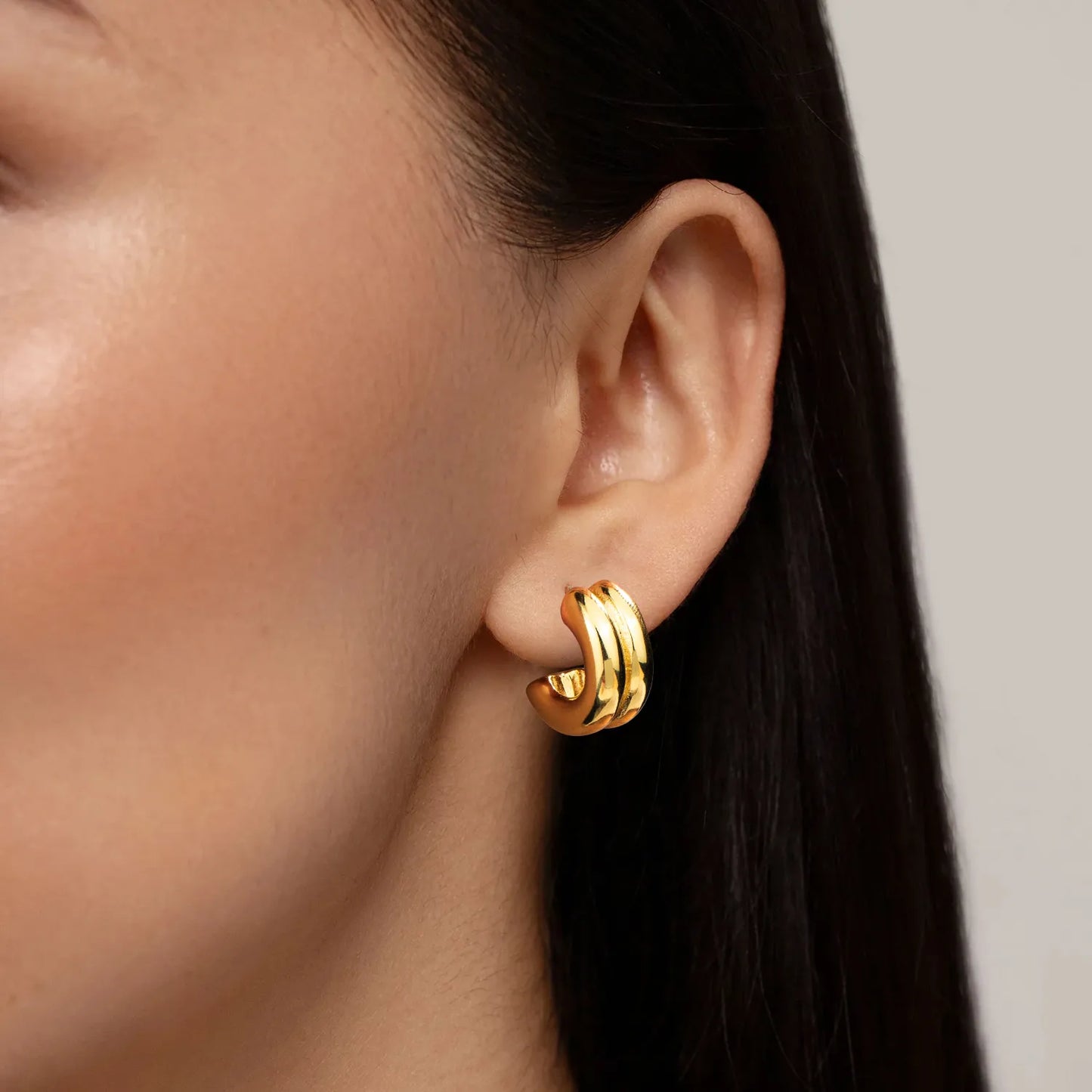 Triple-Ridge Sculptural Hoop Earrings- Gold Tone