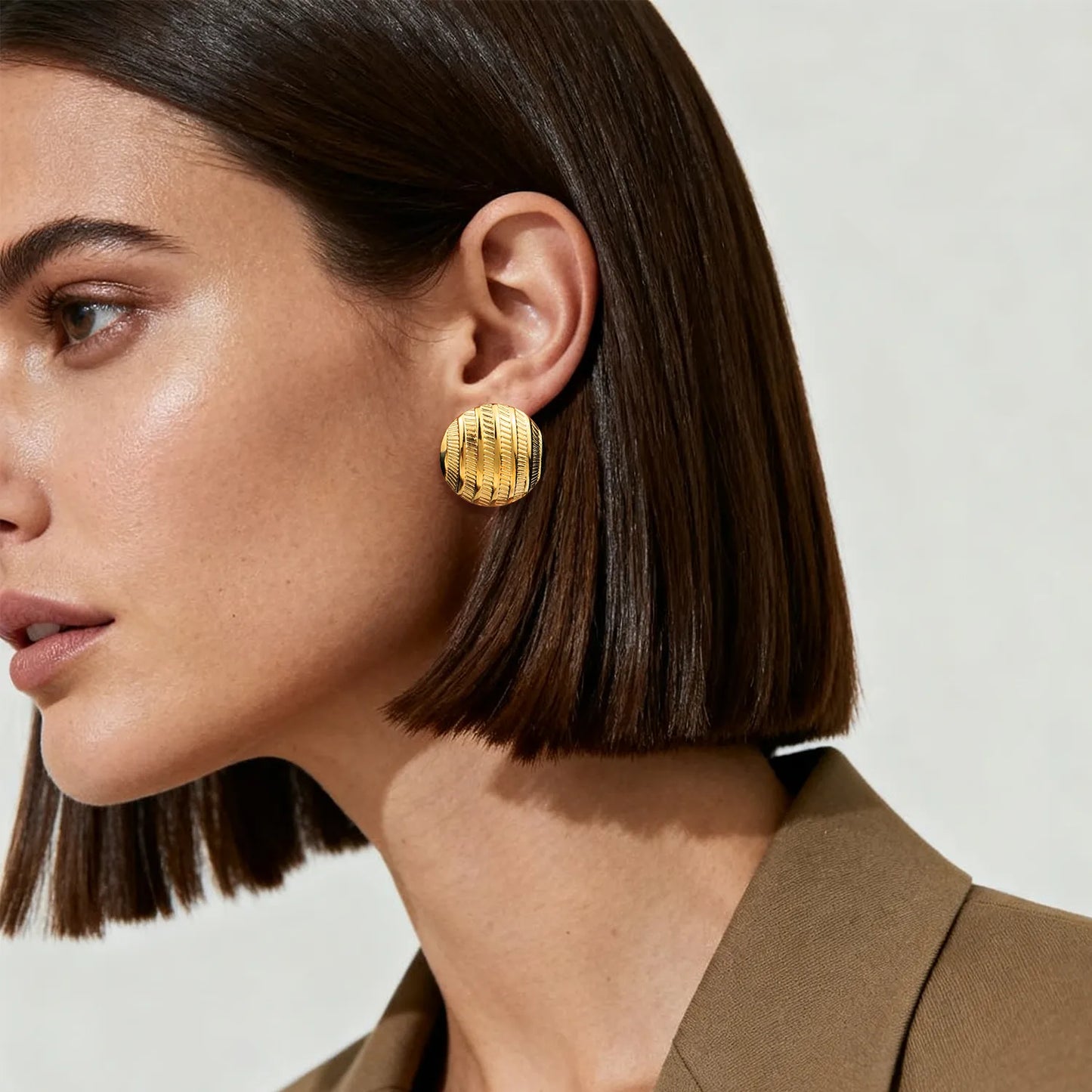 Textured Round Statement Stud Earrings- Gold Tone