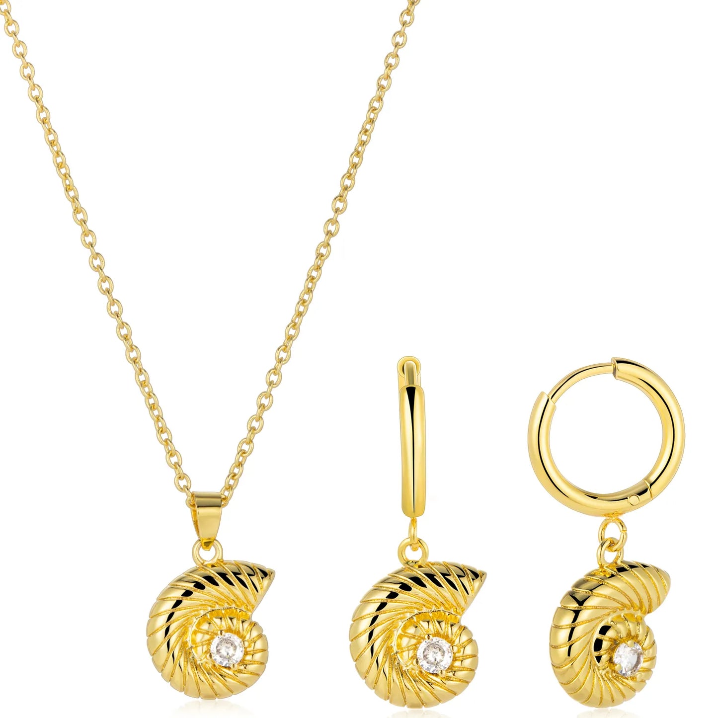 Nautilus Shell Huggie Drop Earrings- Gold Tone