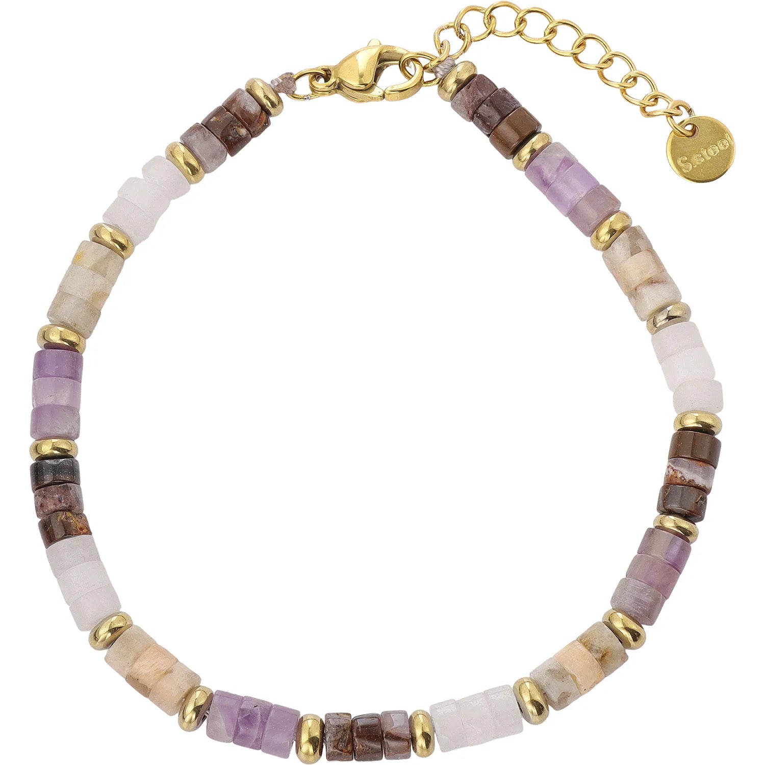 Purple Natural Stone Beaded Bracelet, Adjustable Hypoallergenic 304 Stainless‑Steel 18K Gold PVD Plated Stackable Bracelet for Women