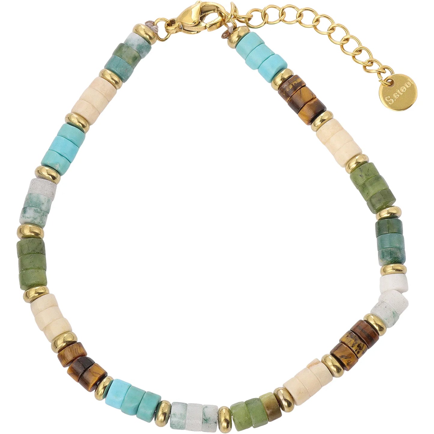 A minimalist natural stone bracelet collection combining polished geometric beads with refined gold-tone metal details. 