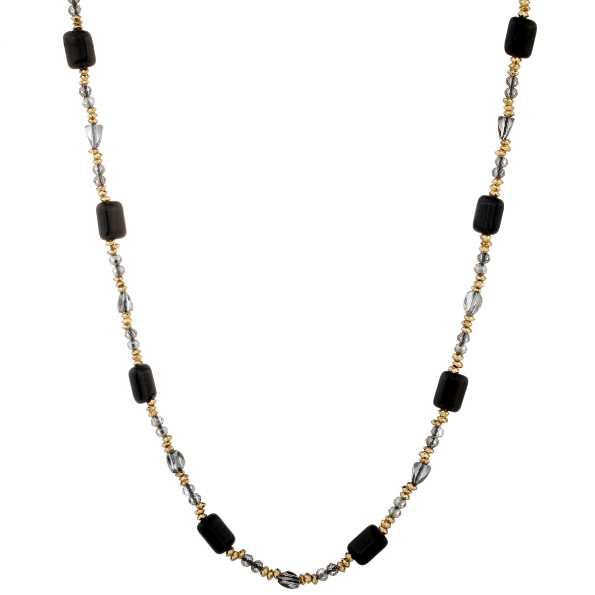 Rectangular Bead Long Necklace - Black