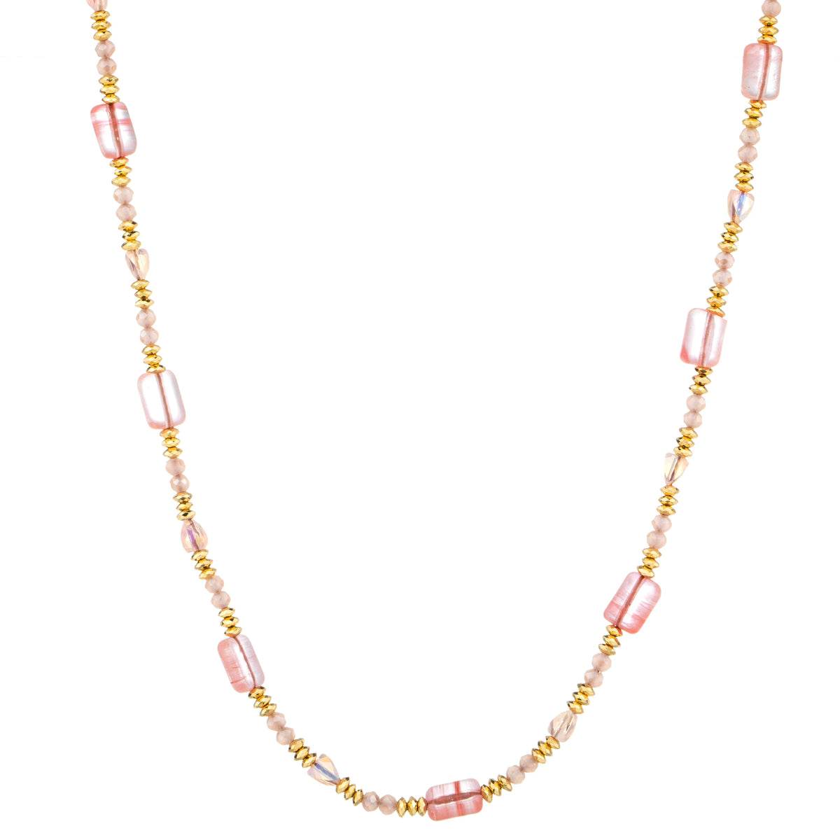Rectangular Bead Long Necklace - Pink