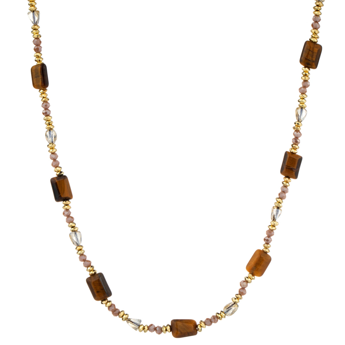 Rectangular Bead Long Necklace - Brown