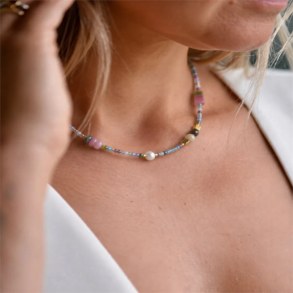 Mixed Shape Boho Natural Stone Necklace | 18K Gold PVD Steel Spacers
