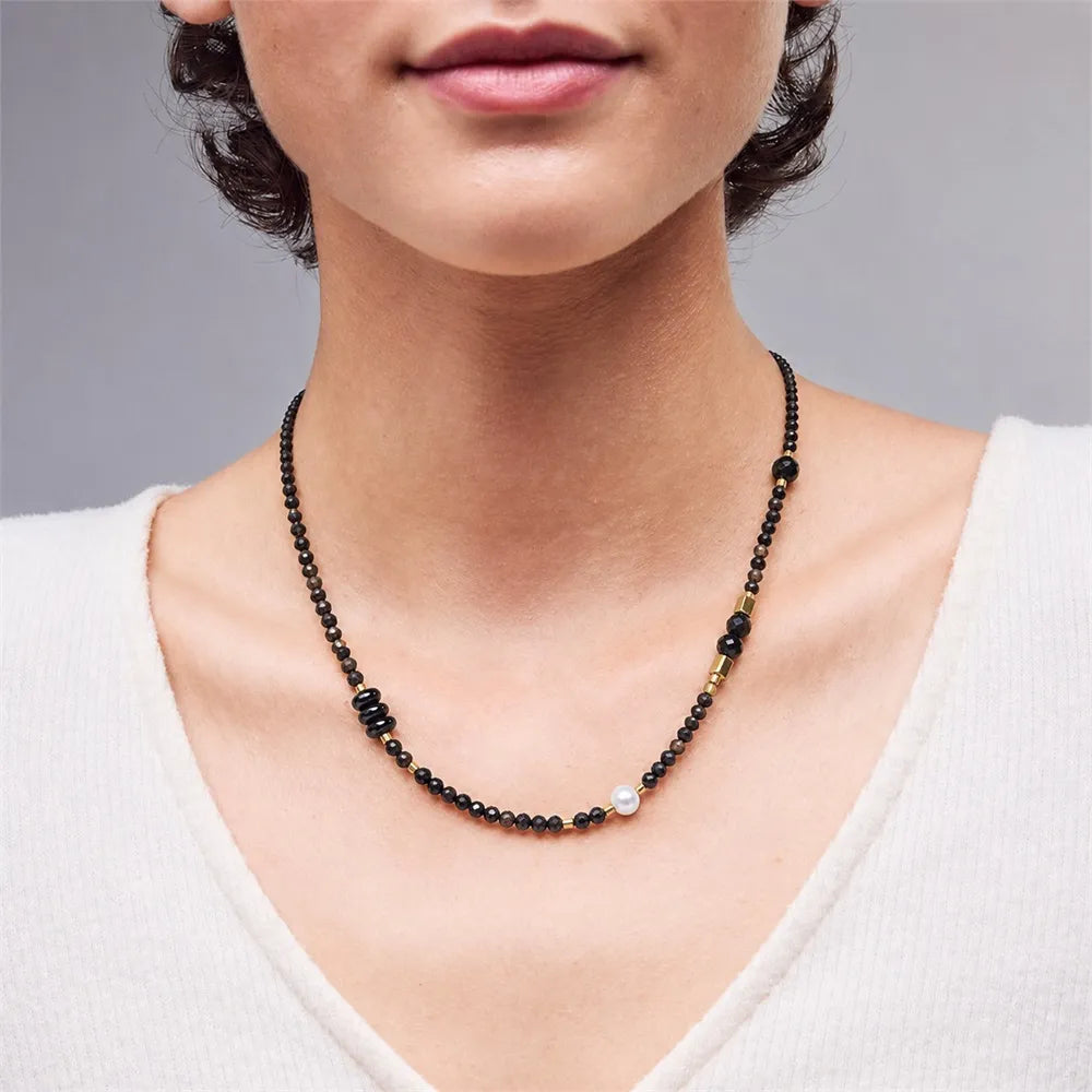 Mixed Shape Boho Natural Stone Necklace | 18K Gold PVD Steel Spacers