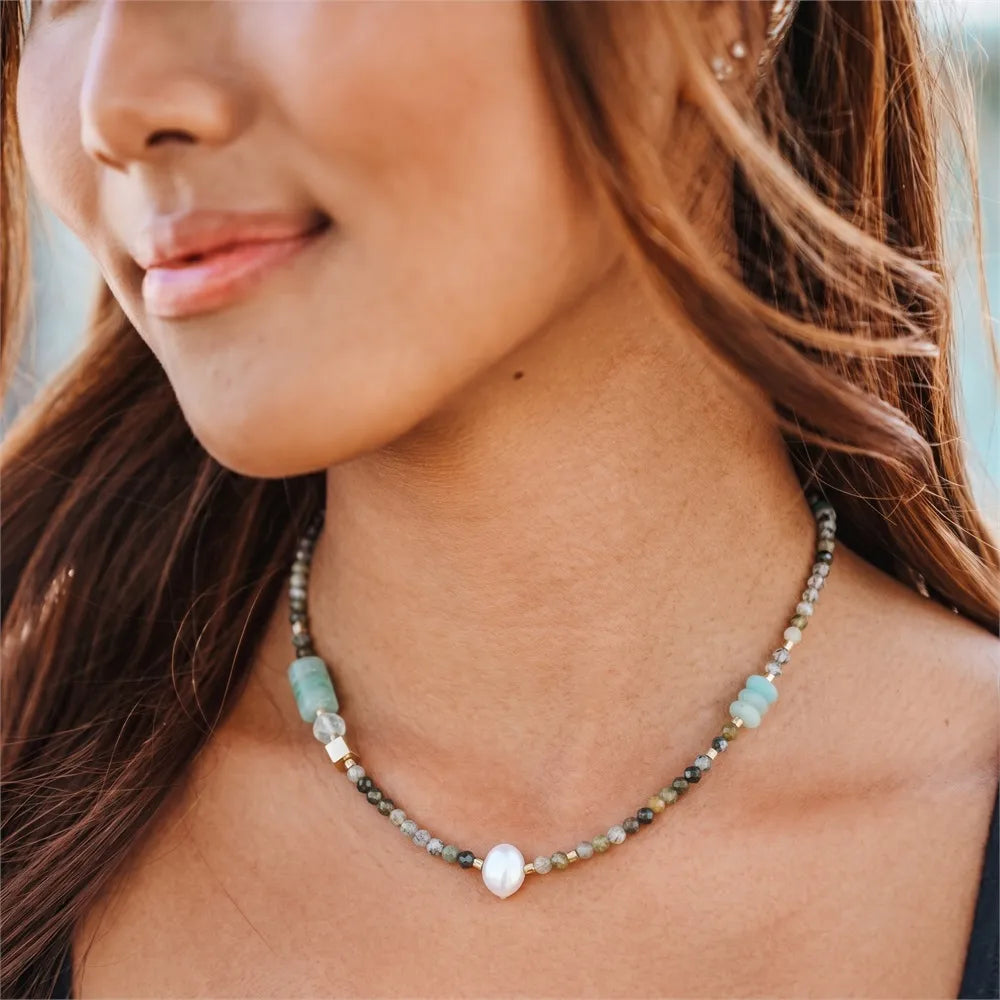 Mixed Shape Boho Natural Stone Necklace | 18K Gold PVD Steel Spacers