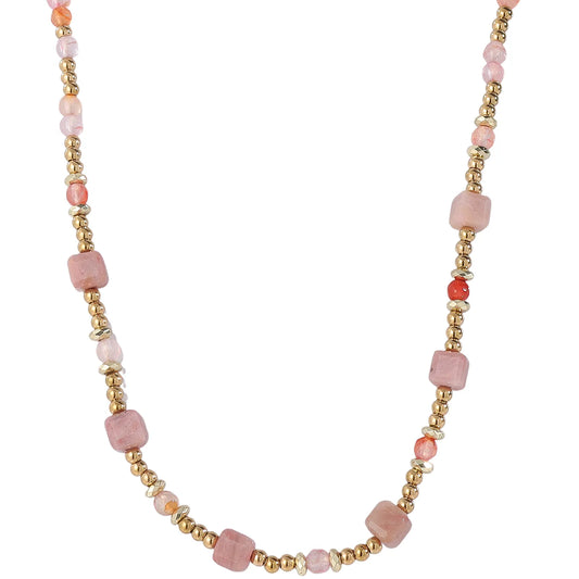 Romantic Warm‑Feminine Rhodonite and Gold‑Bead Necklace, Hypoallergenic 304 Stainless‑Steel 18K Gold PVD Layering Necklace for Women