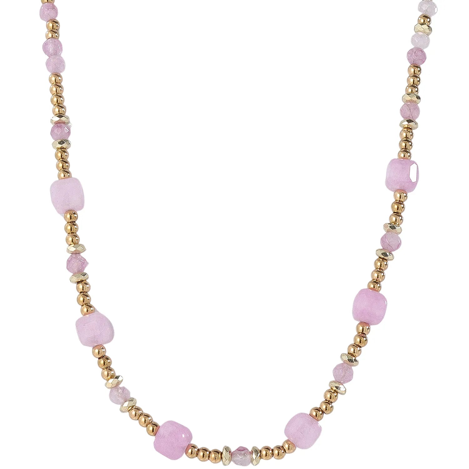 Romantic Soft‑Feminine Rose‑Quartz and Gold‑Bead Necklace, Hypoallergenic 304 Stainless‑Steel 18K Gold PVD Layering Necklace for Women