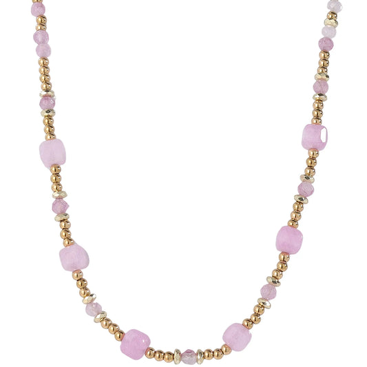 Romantic Soft‑Feminine Rose‑Quartz and Gold‑Bead Necklace, Hypoallergenic 304 Stainless‑Steel 18K Gold PVD Layering Necklace for Women
