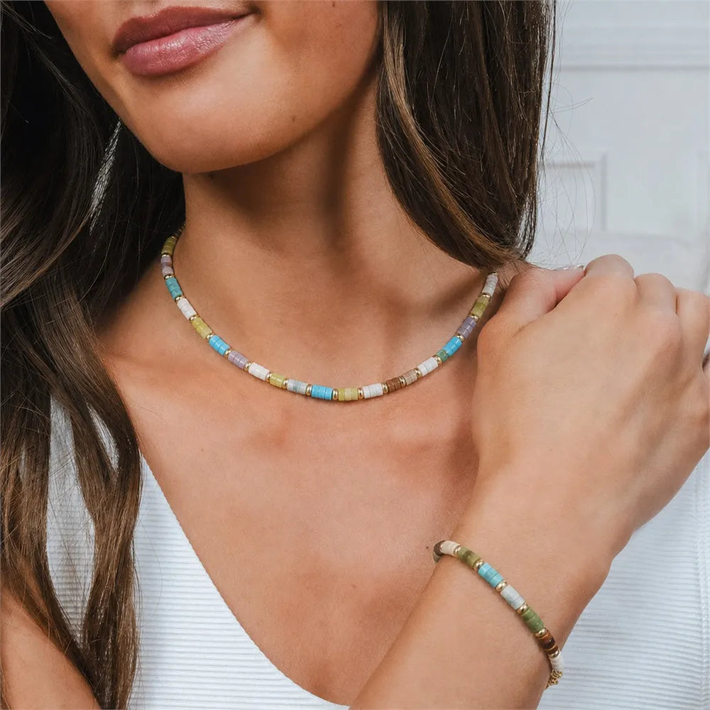 Geometric Natural Stone Necklace – Gold-Tone Steel