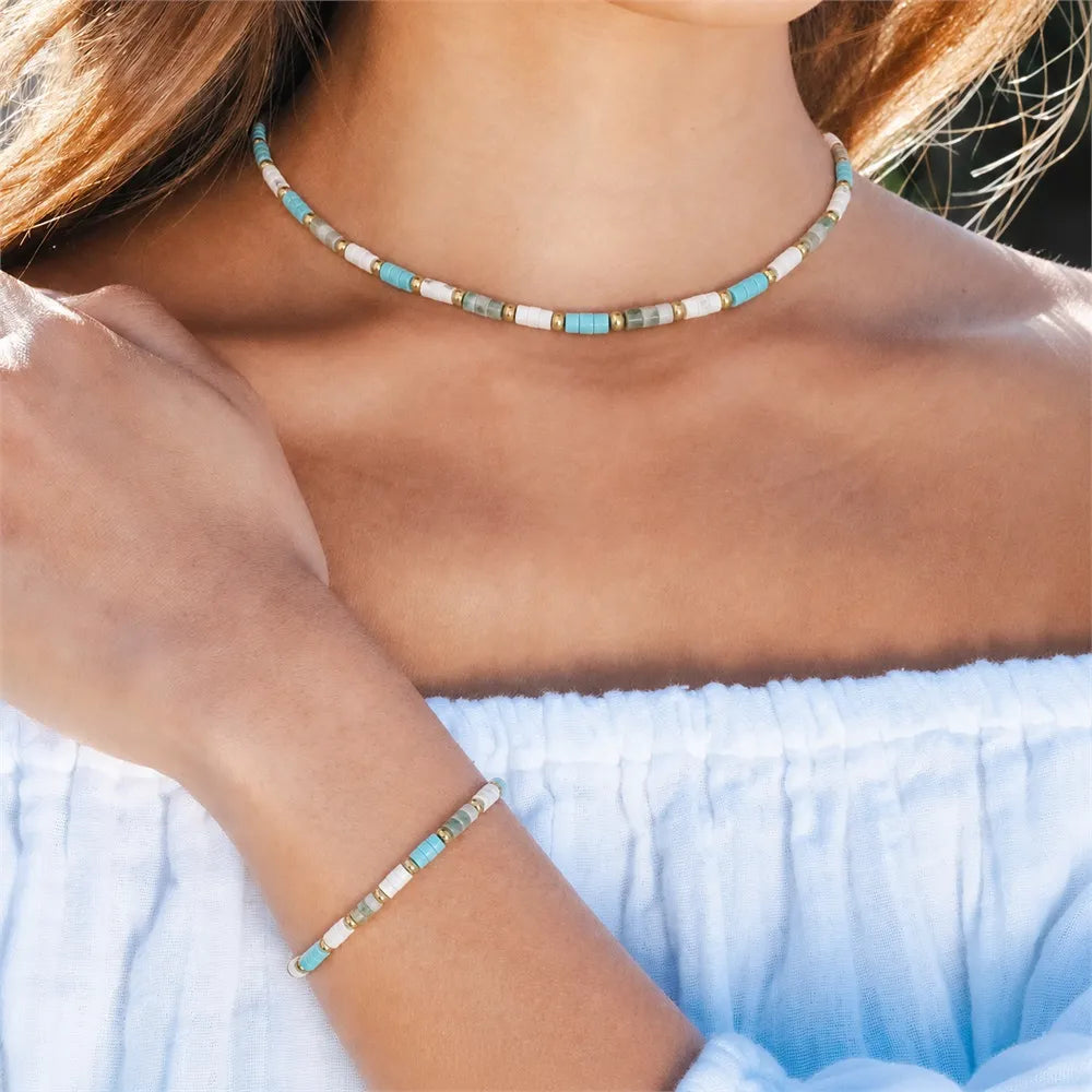 Turquoise Natural‑Stone Beaded Bracelet | 18K‑Gold PVD Steel Bracelet