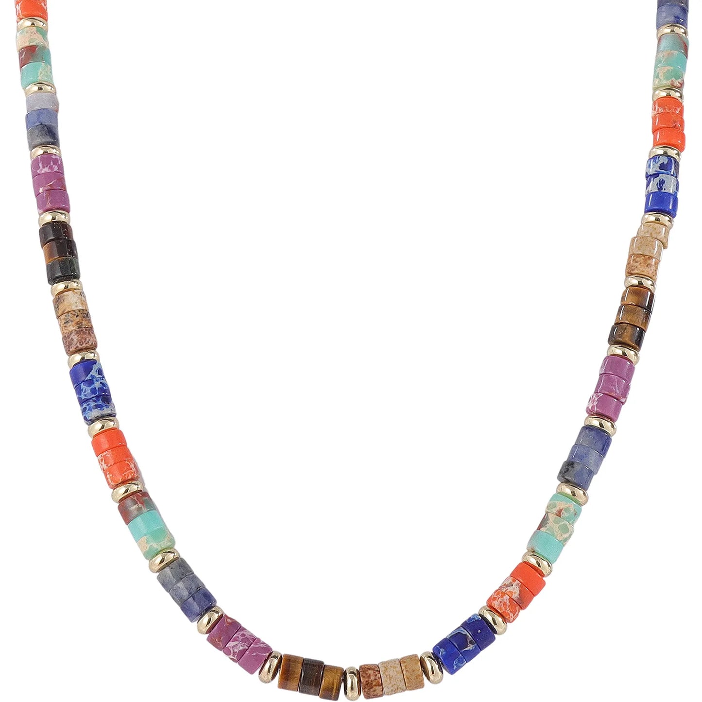Boho‑Style Multicolor Earth‑Tone Natural Stone Beaded Necklace, Hypoallergenic 304 Stainless‑Steel 18K Gold PVD Plated Layered Necklace for Women