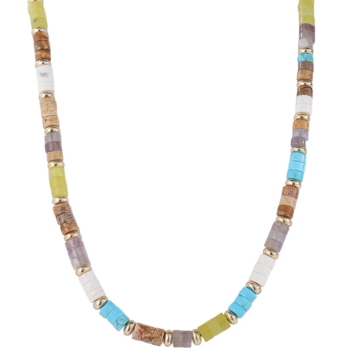 A refined geometric natural stone necklace collection combining polished gemstone beads with sleek gold-tone details.