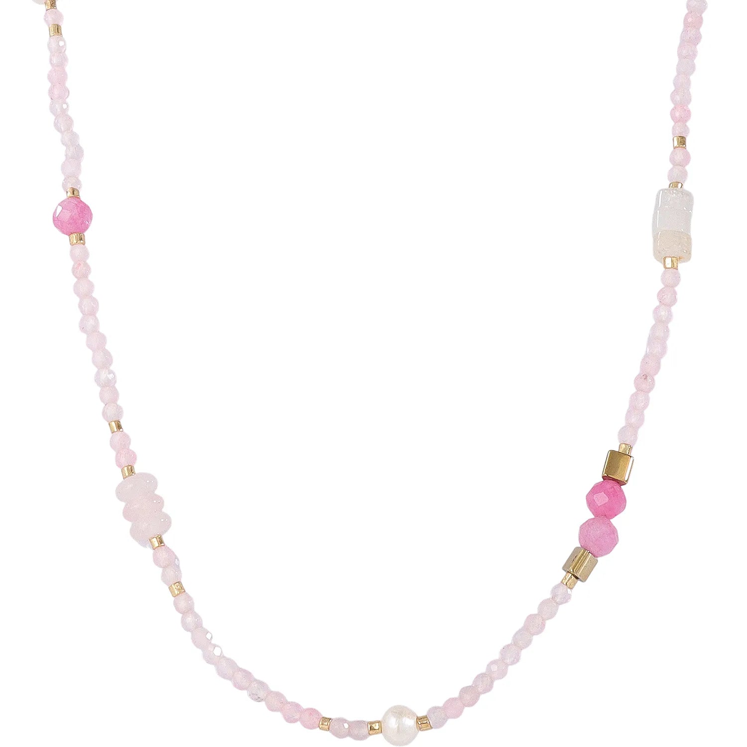 Romantic Soft‑Feminine Seed‑Bead Necklace with Rose‑Quartz and Pearl, Hypoallergenic 304 Stainless‑Steel 18K Gold PVD Layering Necklace for Women