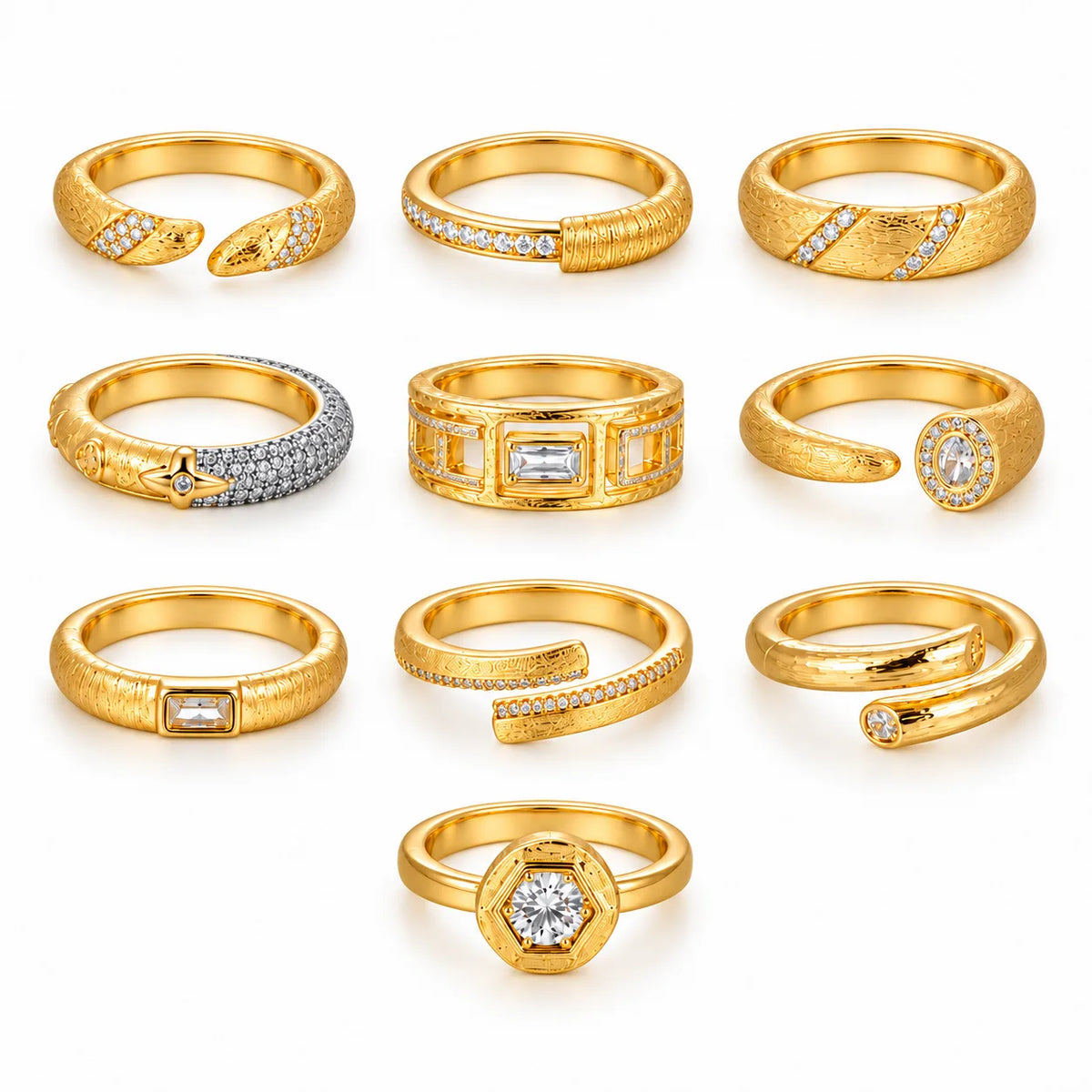 18K Gold-Plated Brass Cubic Zirconia Open Rings | 10 Styles