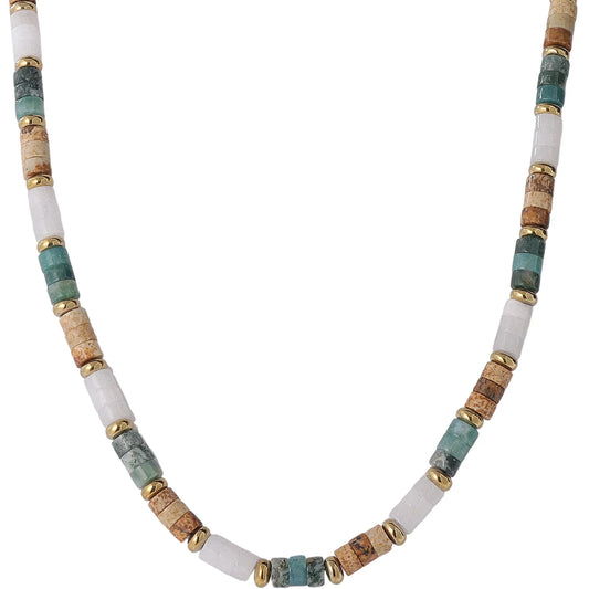 Colorful Earth‑Tone Natural Stone Beaded Necklace, Hypoallergenic 304 Stainless‑Steel 18K Gold PVD Plated Dainty Layered Necklace for Women