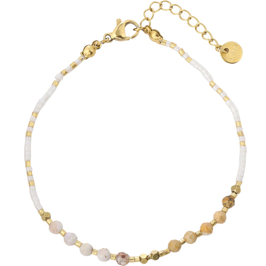 Soft Warm‑Earthy Cream‑White Seed‑Bead & Picture Jasper Bracelet, Hypoallergenic 304 Stainless‑Steel 18K Gold PVD Stackable Bracelet for Women