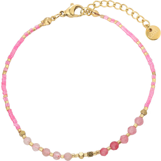 Romantic Dainty Pink Tourmaline and Tiny Seed‑Bead Bracelet, Hypoallergenic 304 Stainless‑Steel 18K Gold PVD Stackable Bracelet for Women