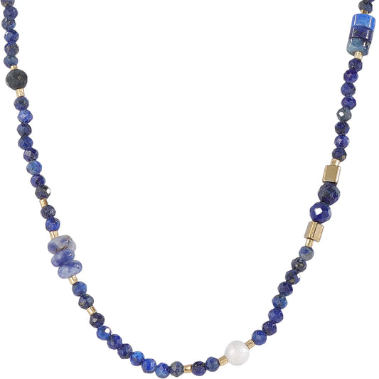Elegant Midnight‑Boho Deep‑Blue Lapis‑Lazuli Necklace with Pearl, Hypoallergenic 304 Stainless‑Steel 18K Gold PVD Layering Necklace for Women