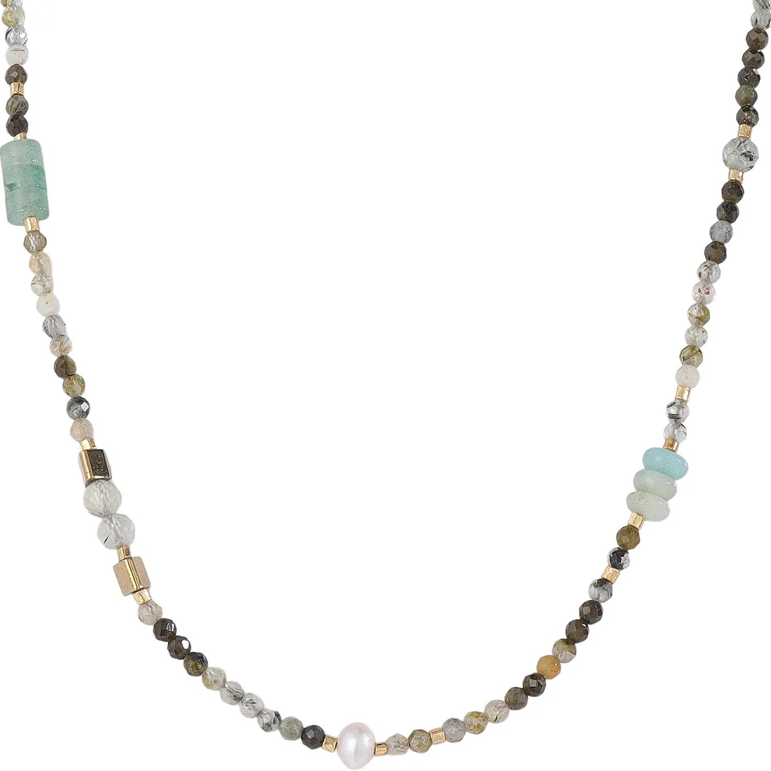 Relaxed Neutral‑Boho Necklace with Mixed‑Gemstone and Pearl, Hypoallergenic 304 Stainless‑Steel 18K Gold PVD Layering Necklace for Women
