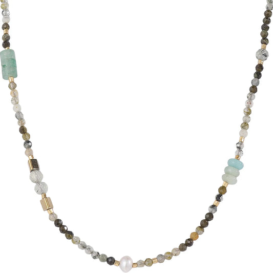 Relaxed Neutral‑Boho Necklace with Mixed‑Gemstone and Pearl, Hypoallergenic 304 Stainless‑Steel 18K Gold PVD Layering Necklace for Women