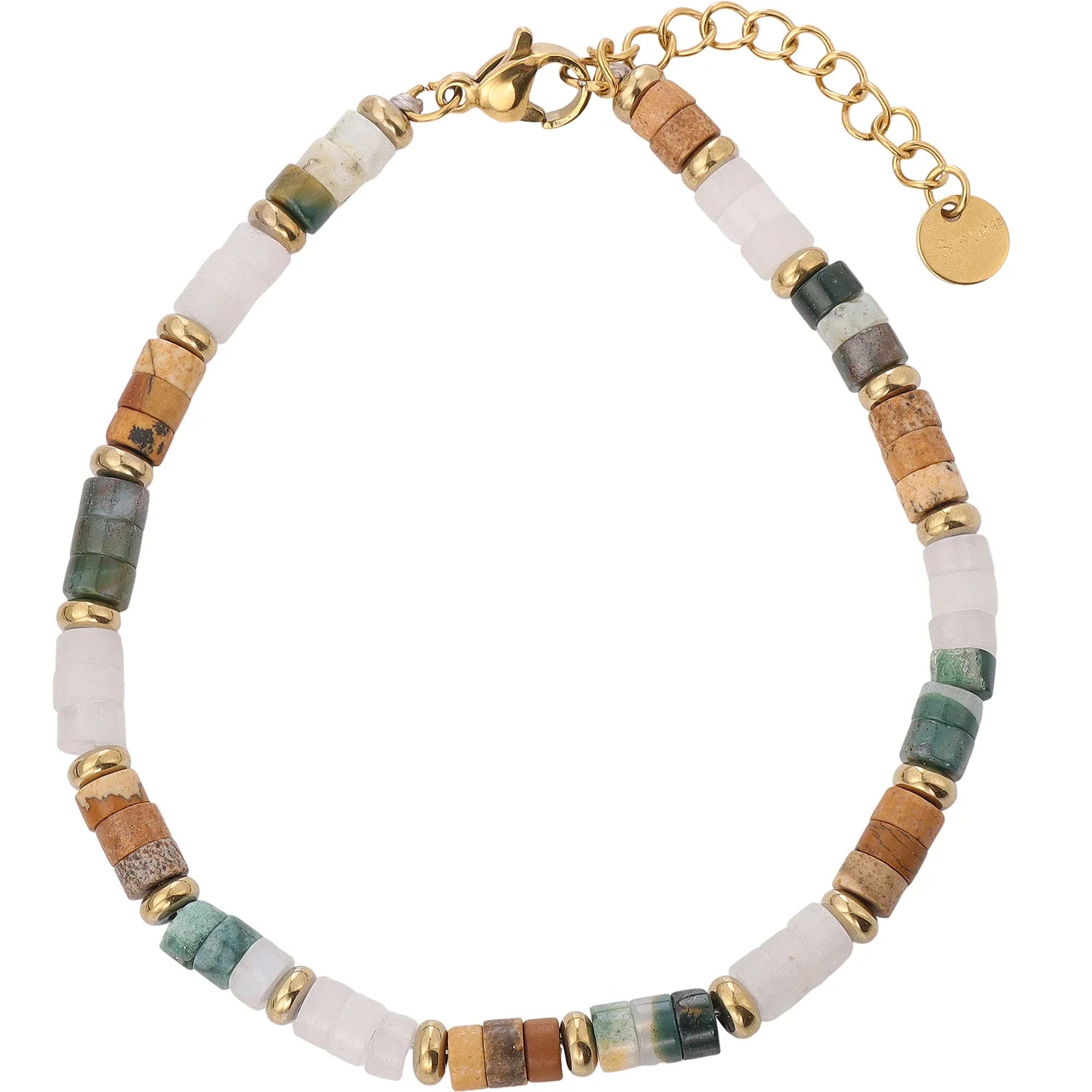 Boho‑Chic Earth‑Tone Natural Stone Beaded Bracelet, Hypoallergenic 304 Stainless‑Steel 18K Gold PVD Plated Stackable Bracelet for Women