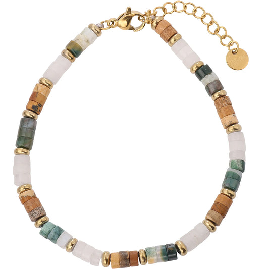 Boho‑Chic Earth‑Tone Natural Stone Beaded Bracelet, Hypoallergenic 304 Stainless‑Steel 18K Gold PVD Plated Stackable Bracelet for Women