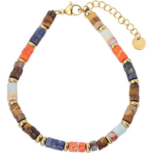 Vibrant Earth‑Tone Mixed Natural Stone Beaded Bracelet, Hypoallergenic 304 Stainless‑Steel 18K Gold PVD Plated Stackable Bracelet for Women