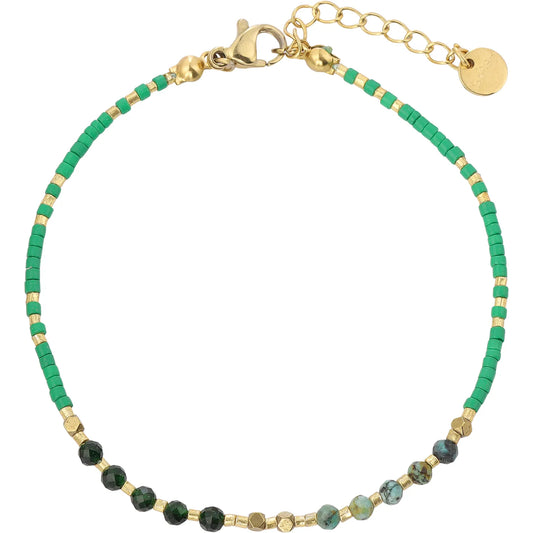 Boho‑Nature Emerald‑Green Seed‑Bead Bracelet with Turquoise, Hypoallergenic 304 Stainless‑Steel 18K Gold PVD Stackable Bracelet for Women
