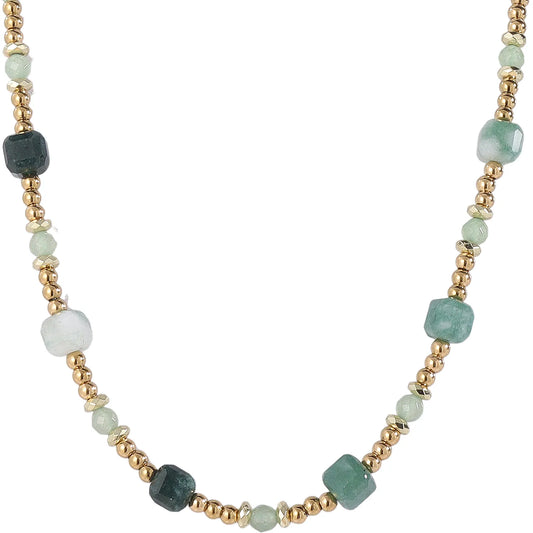 Fresh Forest‑Boho Necklace with Gradient‑Green Aventurine, Hypoallergenic 304 Stainless‑Steel 18K Gold PVD Layering Necklace for Women