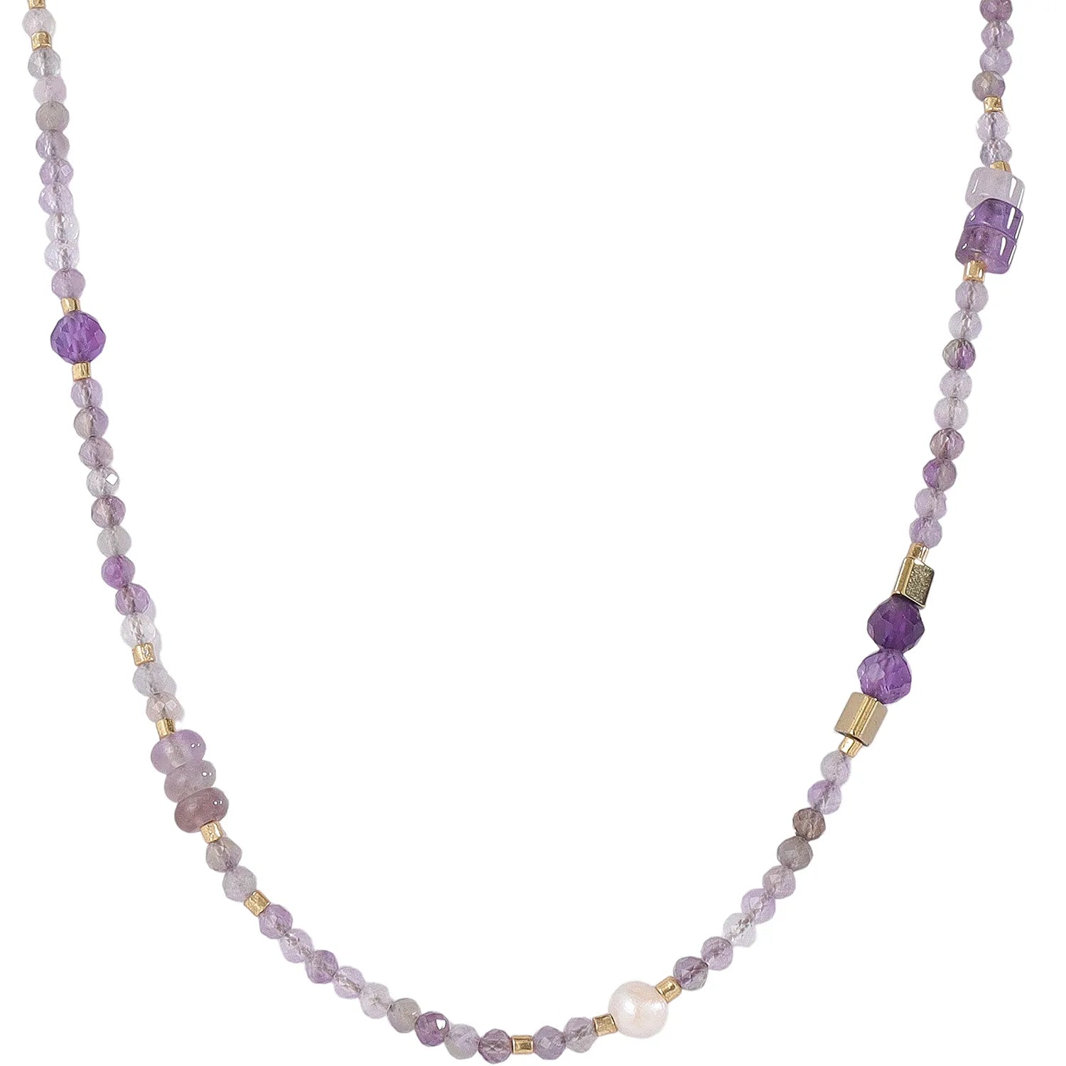 Mystic‑Boho Gradient‑Purple Amethyst Necklace with Freshwater Pearl, Hypoallergenic 304 Stainless‑Steel 18K Gold PVD Layering Necklace for Women