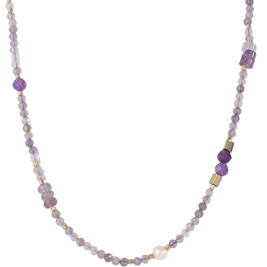 Mystic‑Boho Gradient‑Purple Amethyst Necklace with Freshwater Pearl, Hypoallergenic 304 Stainless‑Steel 18K Gold PVD Layering Necklace for Women