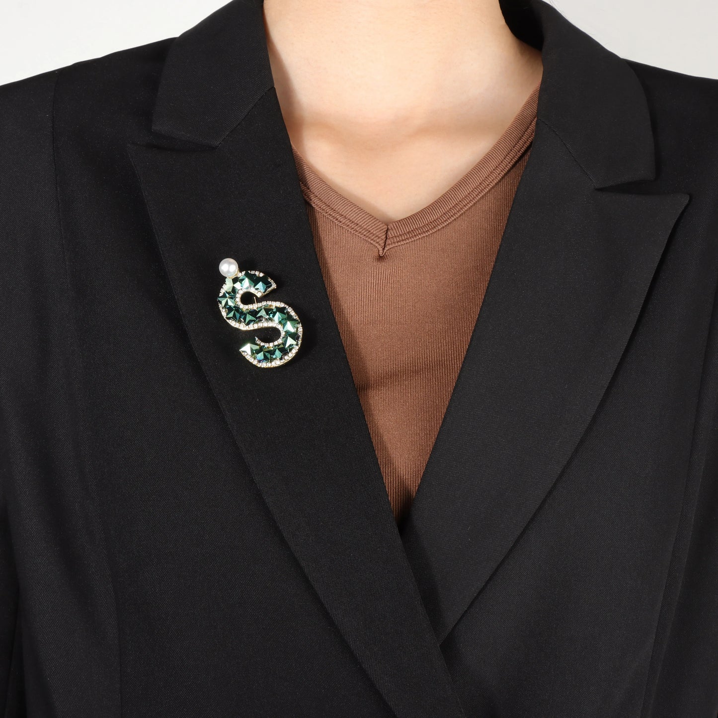 Crystal Initial Letter Brooch with Pearl Accent- S/J/L/M