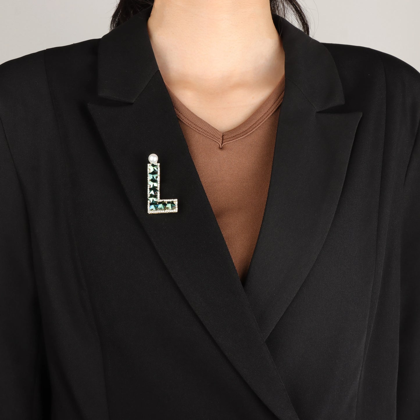 Crystal Initial Letter Brooch with Pearl Accent- S/J/L/M